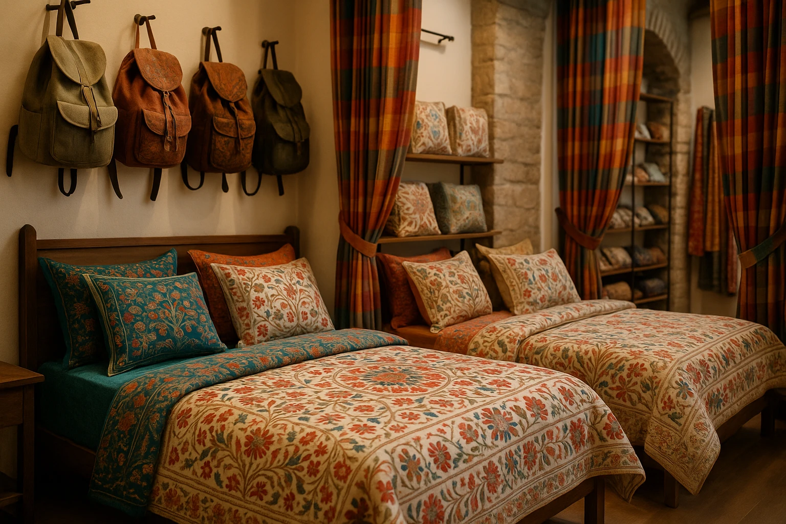 A cozy boutique interior in Budapest showcases a colorful array of intricately embroidered Indian bed linens in various sets, complemented by a display of elegant handcrafted Nepalese backpacks and vibrant flannel curtains, harmoniously blending diverse cultural aesthetics.