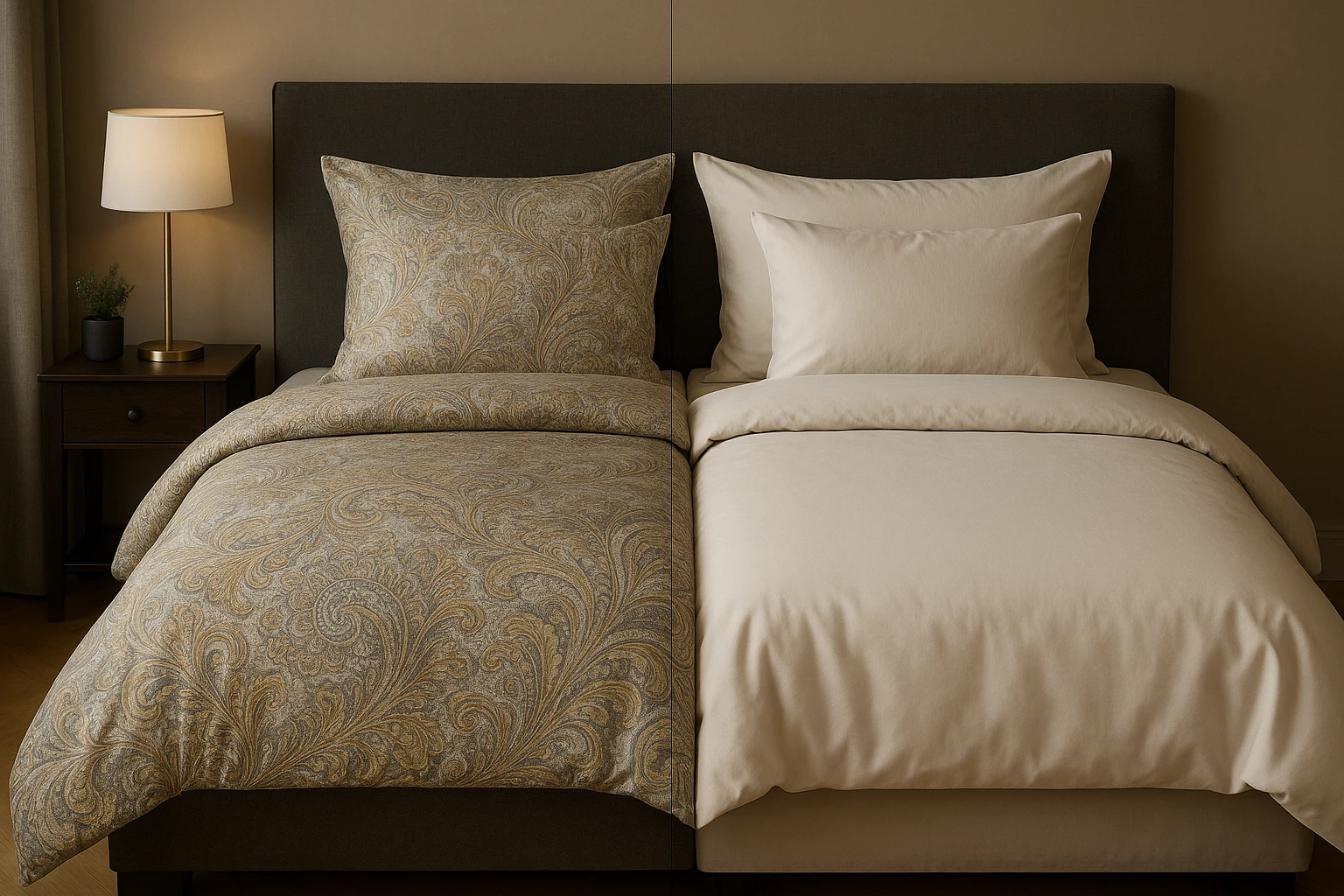 A cozy bedroom with a luxurious bed set featuring intricate patterns from Ágynemű Pláza on the left side and elegant, minimalist bedding from Devifashions on the right side; a clear dividing line highlighting the contrasting styles, with branded tags visible on each set.