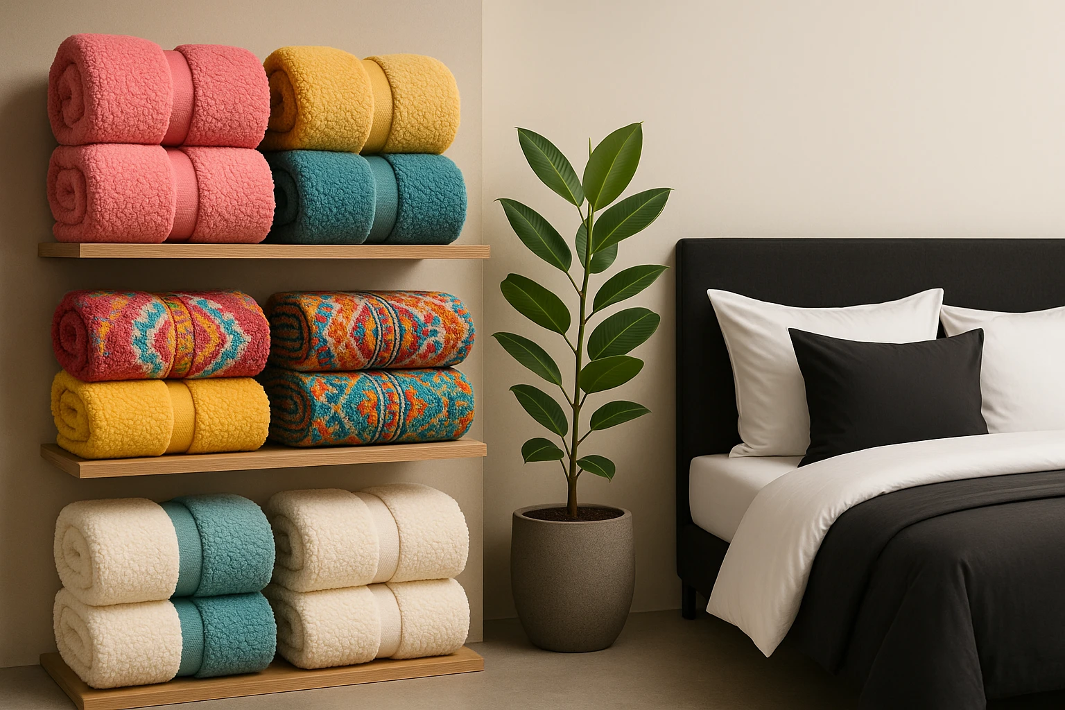 A colorful showroom display featuring plush Sherpa throws and vibrant, patterned towels from Ágynemű Pláza on elegant wooden shelves next to a sleek, minimalist presentation of Devifashions' signature monochrome bedding, separated by a decorative potted plant.
