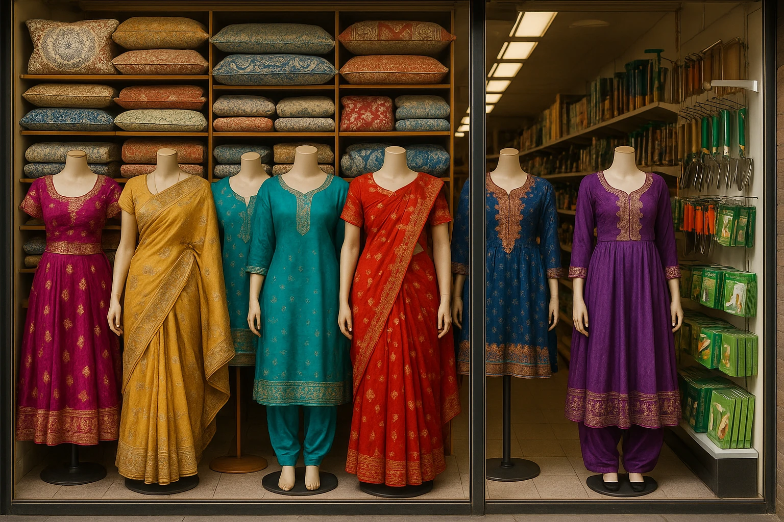 A vibrant storefront showcasing an array of colorful Indian and Nepali garments on elegant mannequins, surrounded by shelves filled with intricately patterned bed linens and plush cushions, while an adjacent section features neatly organized garden tools and DIY kits.