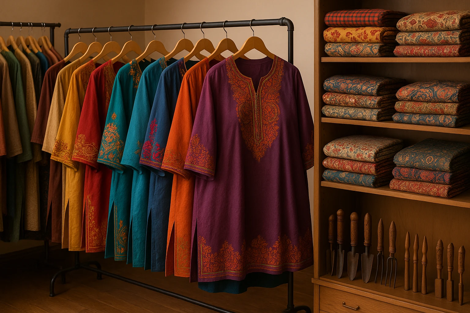 A cozy interior of a boutique displaying racks of traditional Indian and Nepali garments, with a focus on colorful, embroidered tunics and plus-size options; nearby, shelves are adorned with folded, vibrantly patterned flannel and crepe bed linens next to a selection of small, intricately carved wooden garden tools.