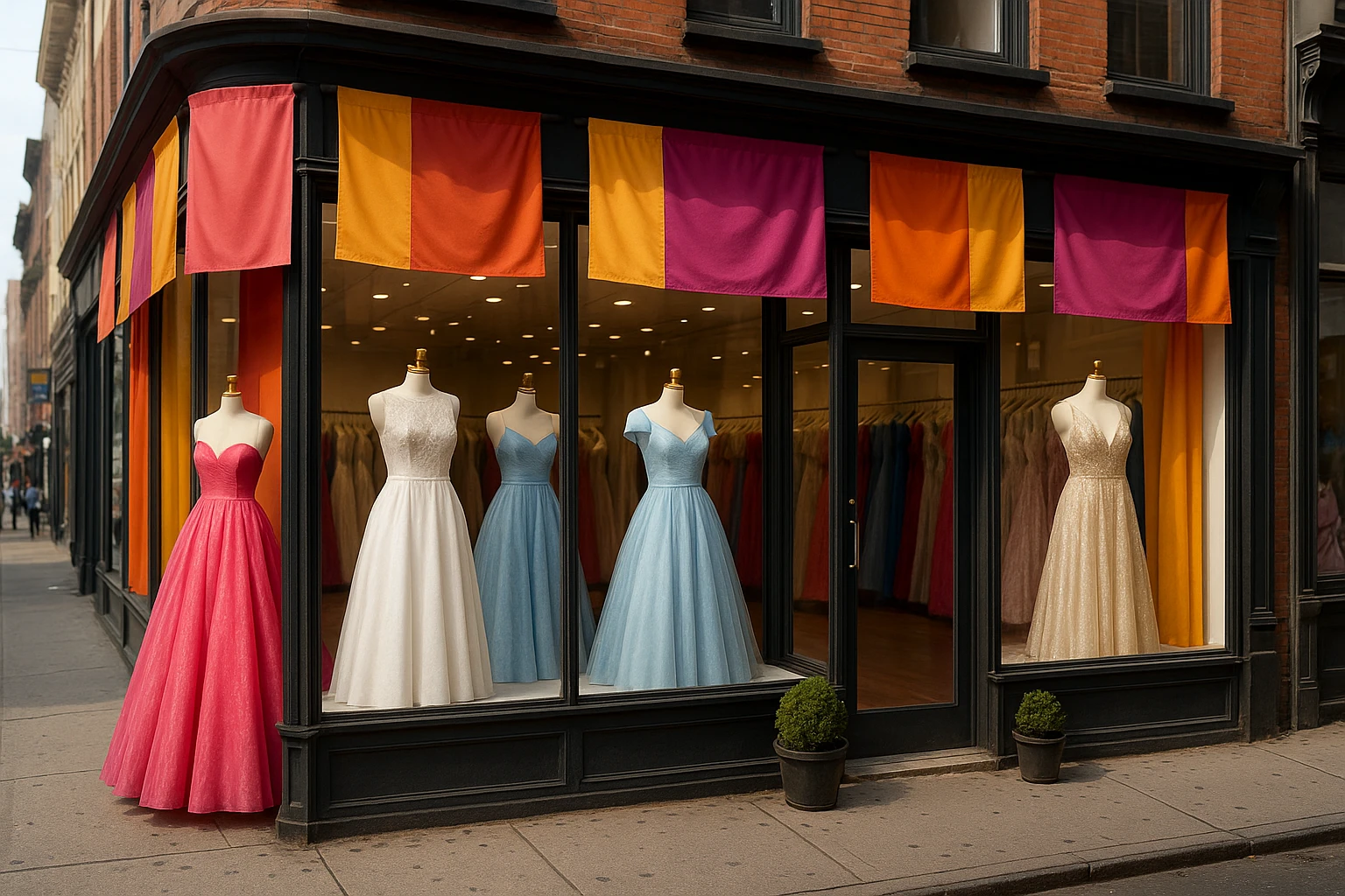 A vibrant boutique storefront with mannequins dressed in elegant gowns, surrounded by colorful banners advertising 