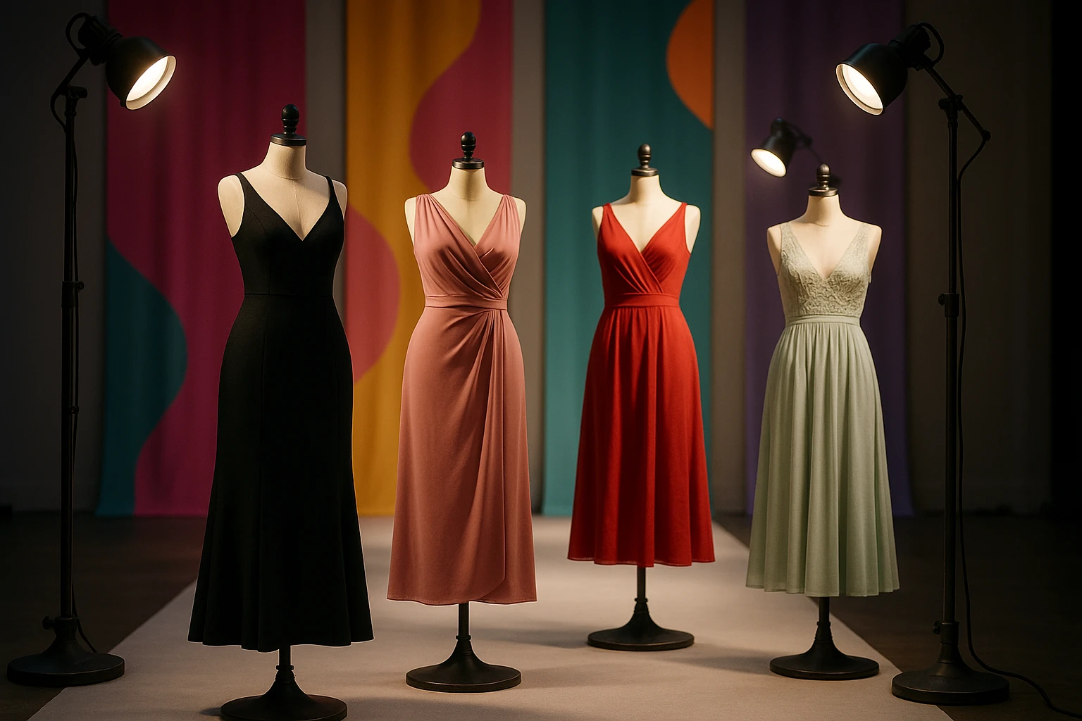 A stylized fashion runway scene where elegant dresses from ASOS are displayed on mannequins, with chic spotlights highlighting each garment and colorful banners in the background reading 