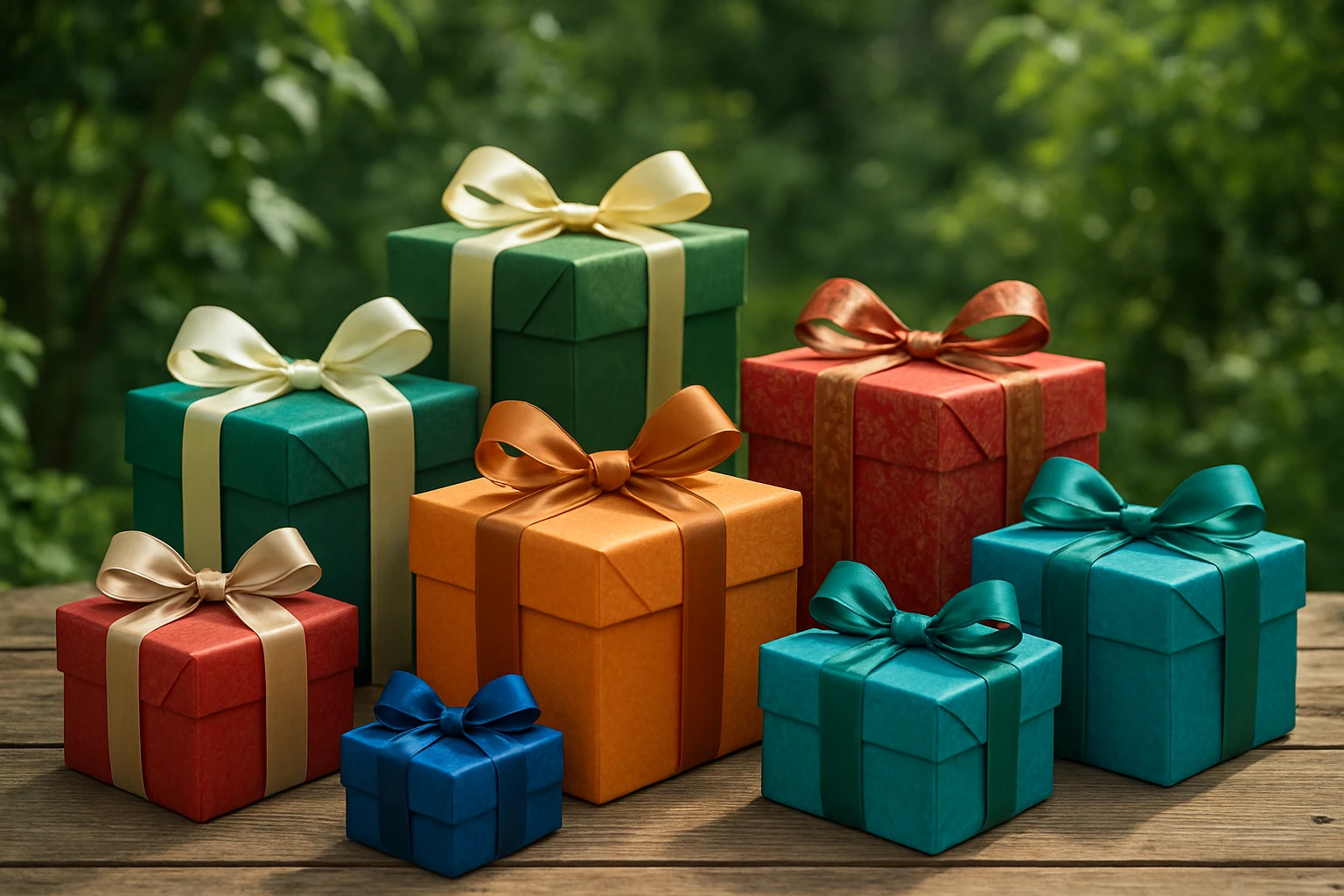A selection of vibrant, intricately wrapped gift boxes with elegant ribbons and bows, staged outdoors on a rustic wooden table, surrounded by lush greenery.