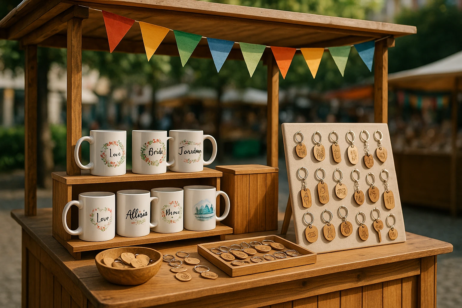 An outdoor market stall featuring assorted handcrafted gift items, such as personalized mugs and engraved keychains, displayed on a charming wooden counter with a colorful banner of AjandekKozpont.hu fluttering above in the gentle breeze.
