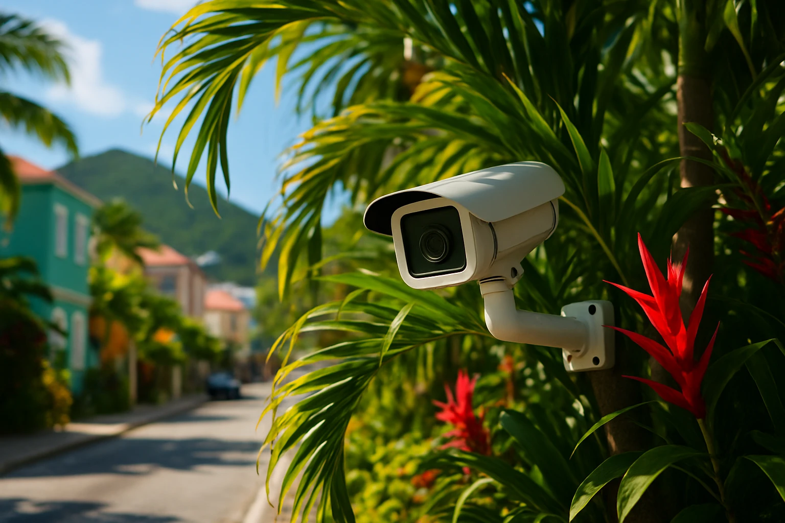A discreet surveillance camera nestled among lush tropical foliage on a sunlit street in Saint Martin, capturing the vibrant colors of the island while maintaining a low profile.