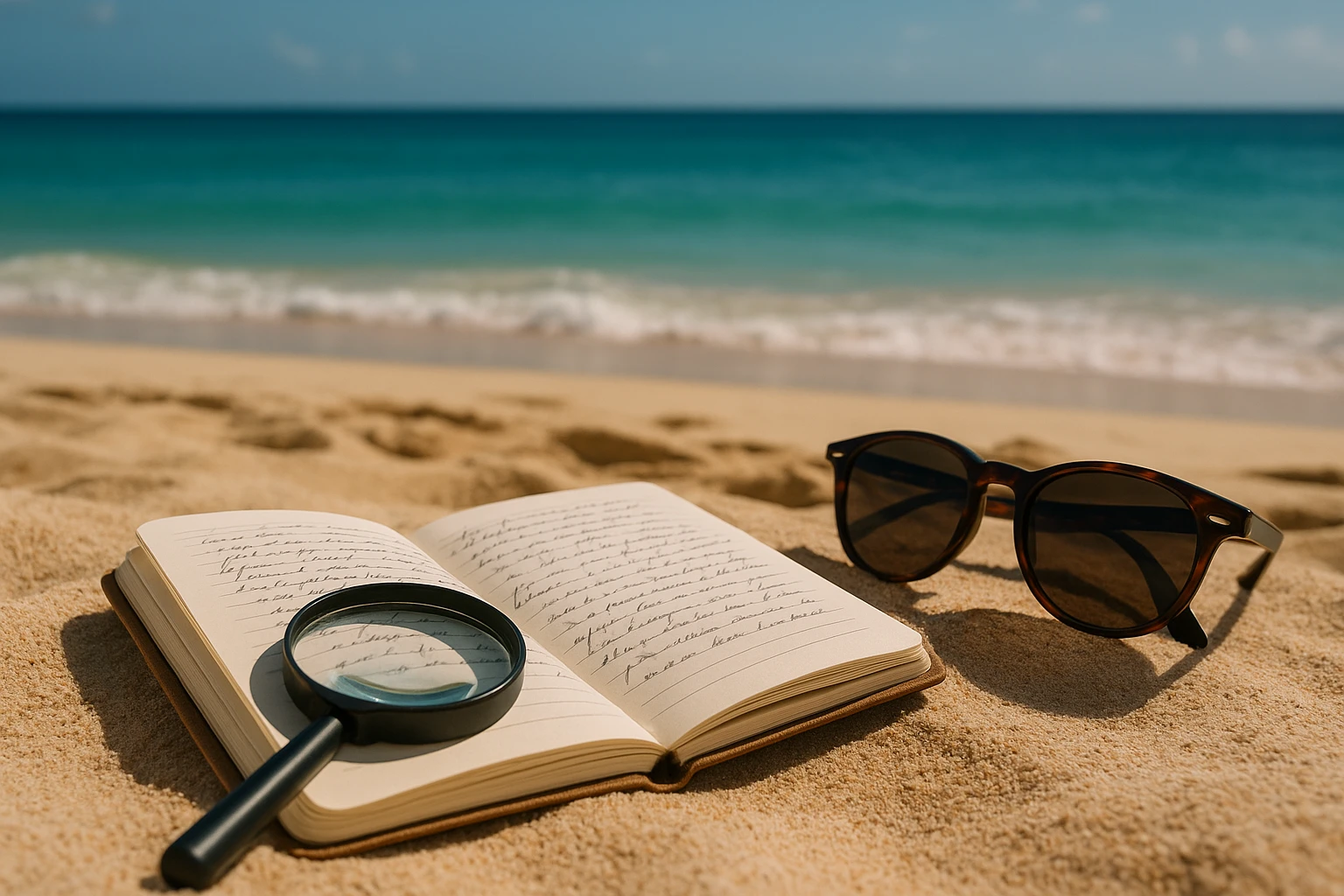 A close-up of a small notebook with handwritten notes beside a magnifying glass and a pair of sunglasses on a sandy beach in Saint Martin, with the ocean in the background.
