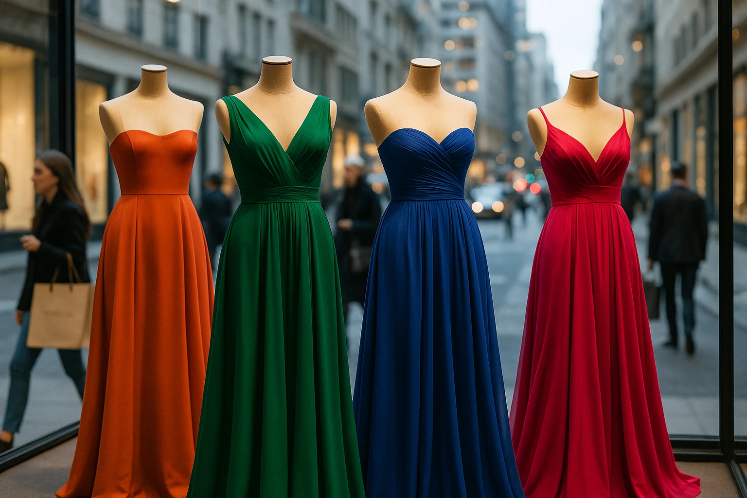 A display of vibrant evening gowns on mannequins in a chic boutique window, with a city street bustling in the background and brand logos subtly visible on shopping bags carried by passersby.