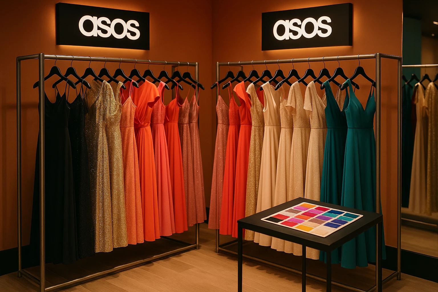 Rows of stylish evening dresses hung on metallic racks inside a vibrant, modern boutique, with ASOS logos displayed on sleek signage and a small table showcasing a variety of colorful fabric swatches under warm, ambient lighting.