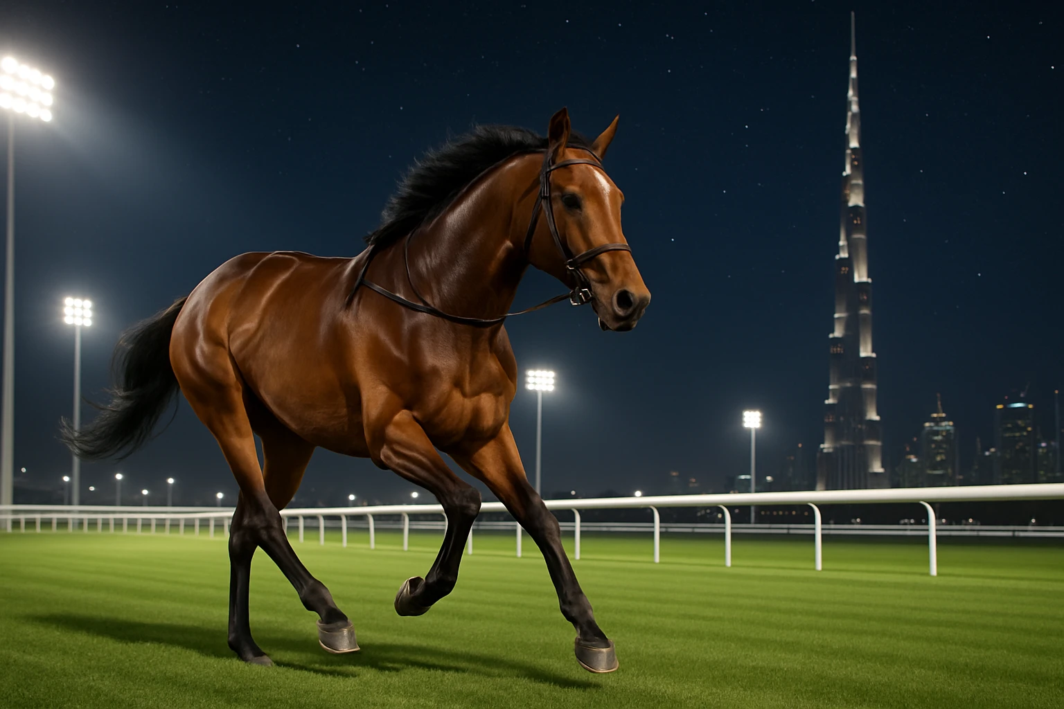 A pristine racehorse gallops under bright floodlights on the lush green track of Meydan Racecourse, its sleek, muscular form a testament to grace and power; the iconic Burj Khalifa rises majestically in the background under a starry Dubai night.
