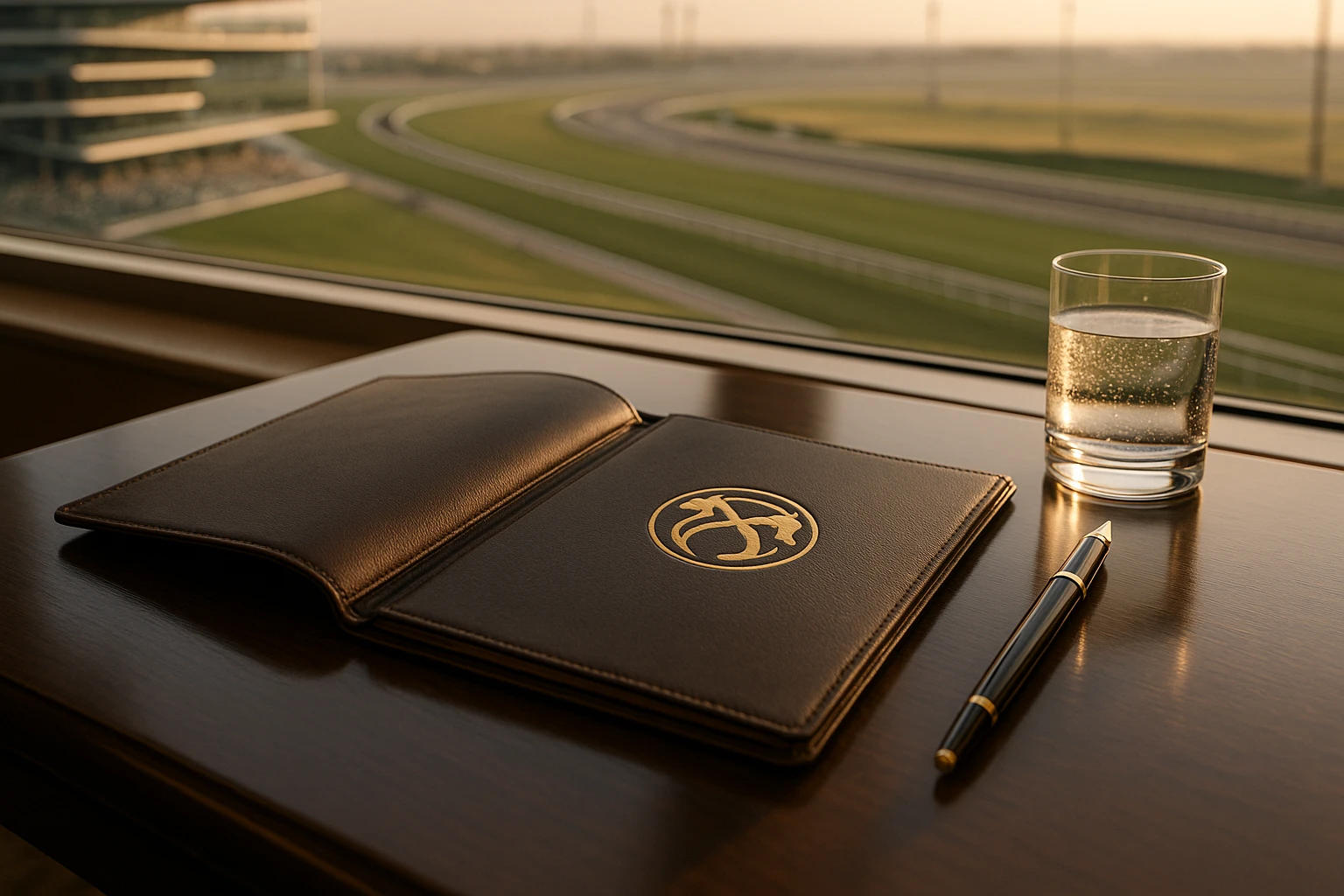 A luxurious leather-bound booklet lies open on a polished table, showcasing the RaceX syndicate logo embossed in gold; beside it, an elegant fountain pen and a glass of sparkling water reflect the opulence of a private viewing room overlooking Meydan Racecourse in the afternoon sun.