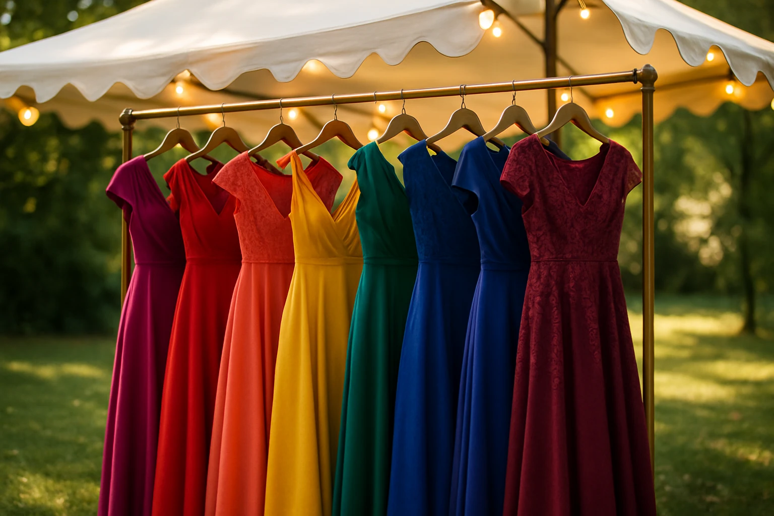 A rack of elegant dresses in vibrant colors displayed outdoors under a stylish marquee, with soft lighting highlighting the rich fabrics and intricate designs, inviting quick and easy browsing.