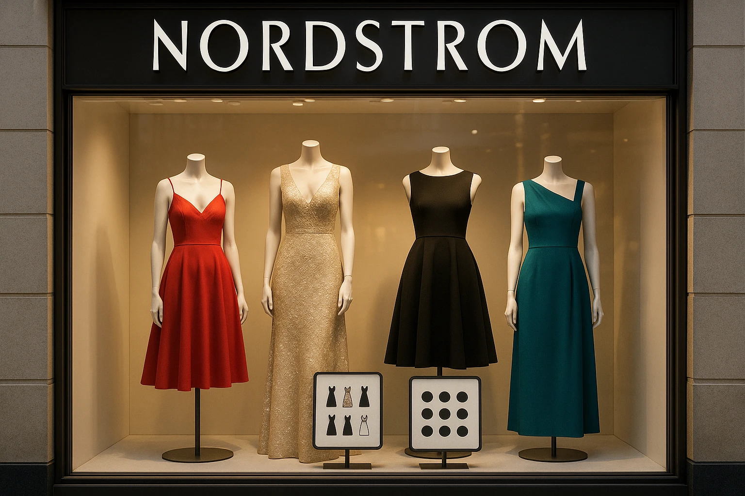 A vibrant storefront window display showcasing a variety of elegant dresses on mannequins, each dressed for different types of events, with the Nordstrom logo prominently displayed above and stylish signage highlighting their quick browsing features.