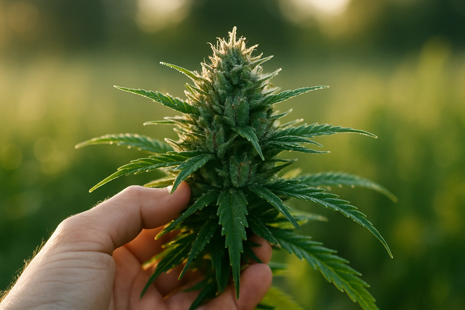 A hand gently holds a lush, vibrant CBD flower against a backdrop of a sunlit field, with tiny dewdrops shimmering on the petals, highlighting the plant's natural beauty and purity.