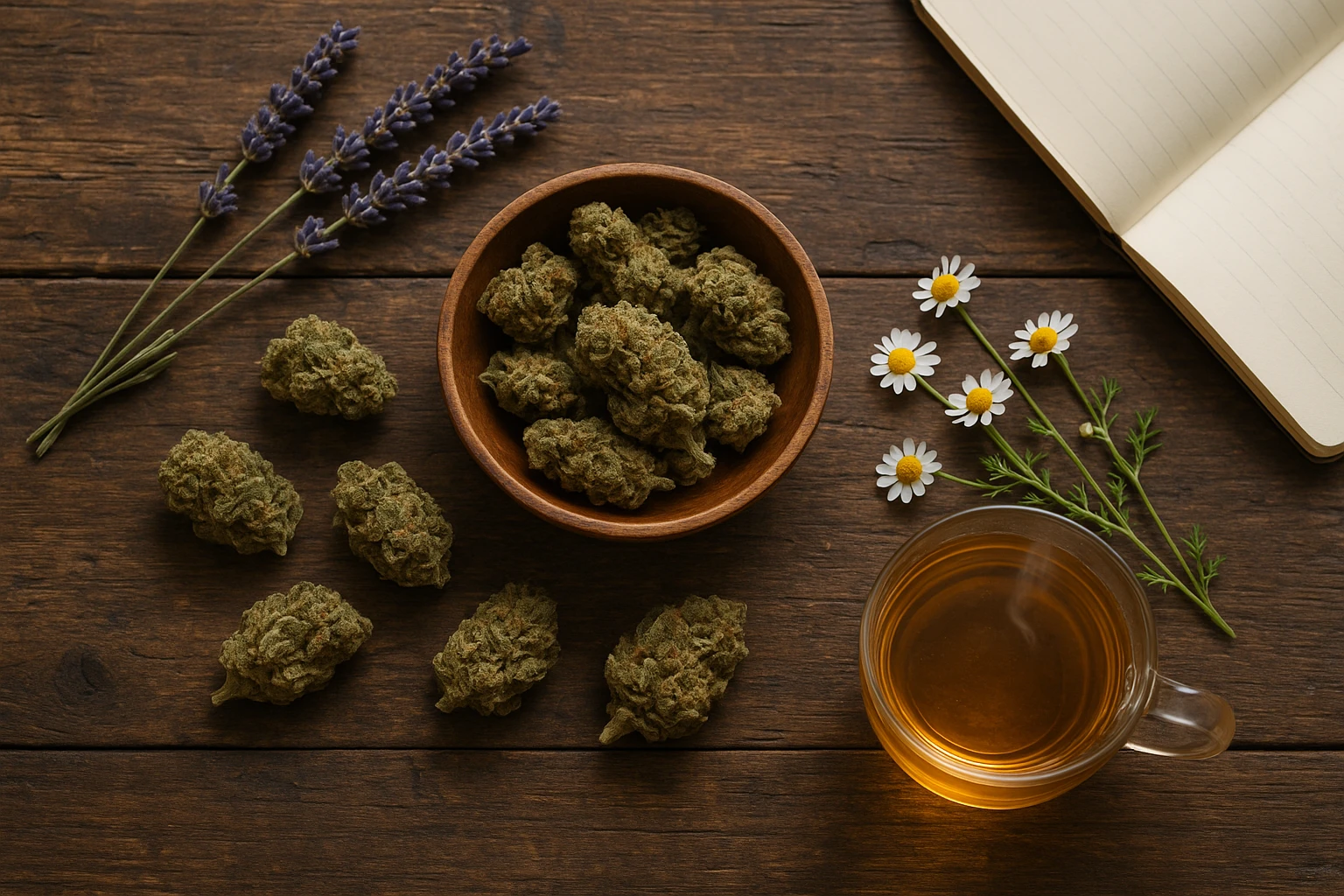 An artistically arranged flat lay of CBD flower buds placed on a rustic wooden table, surrounded by hints of lavender and chamomile, with an open notebook and a steaming herbal tea nearby, conveying a sense of calm and natural wellness.