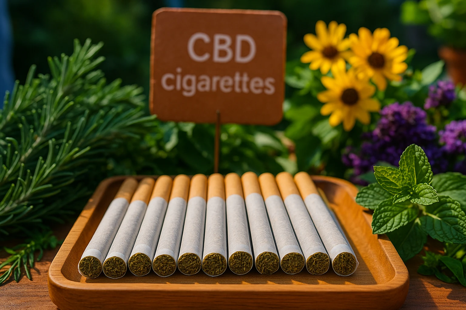 A selection of CBD cigarettes neatly arranged on a vibrant outdoor market stall, surrounded by fresh herbs and flowers, with a small sign highlighting their natural ingredients and benefits.