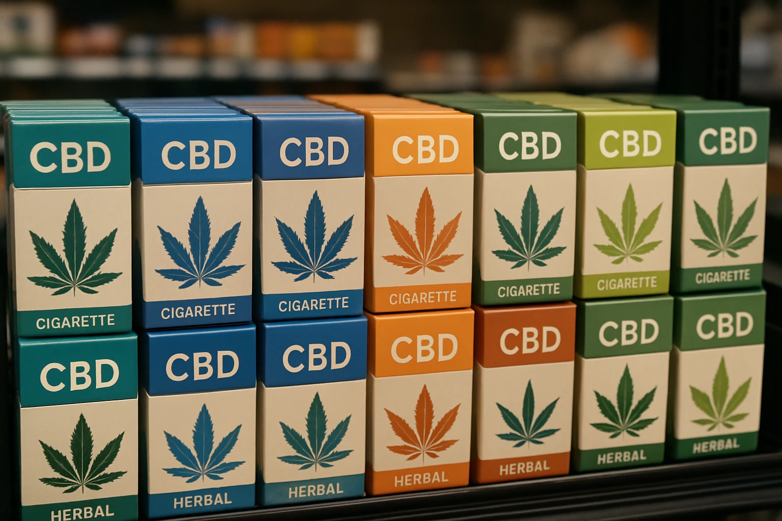 A close-up of a convenience store shelf showcasing a variety of neatly arranged CBD cigarette packs, each with vibrant packaging and clear labels, inviting customers to explore a herbal alternative.