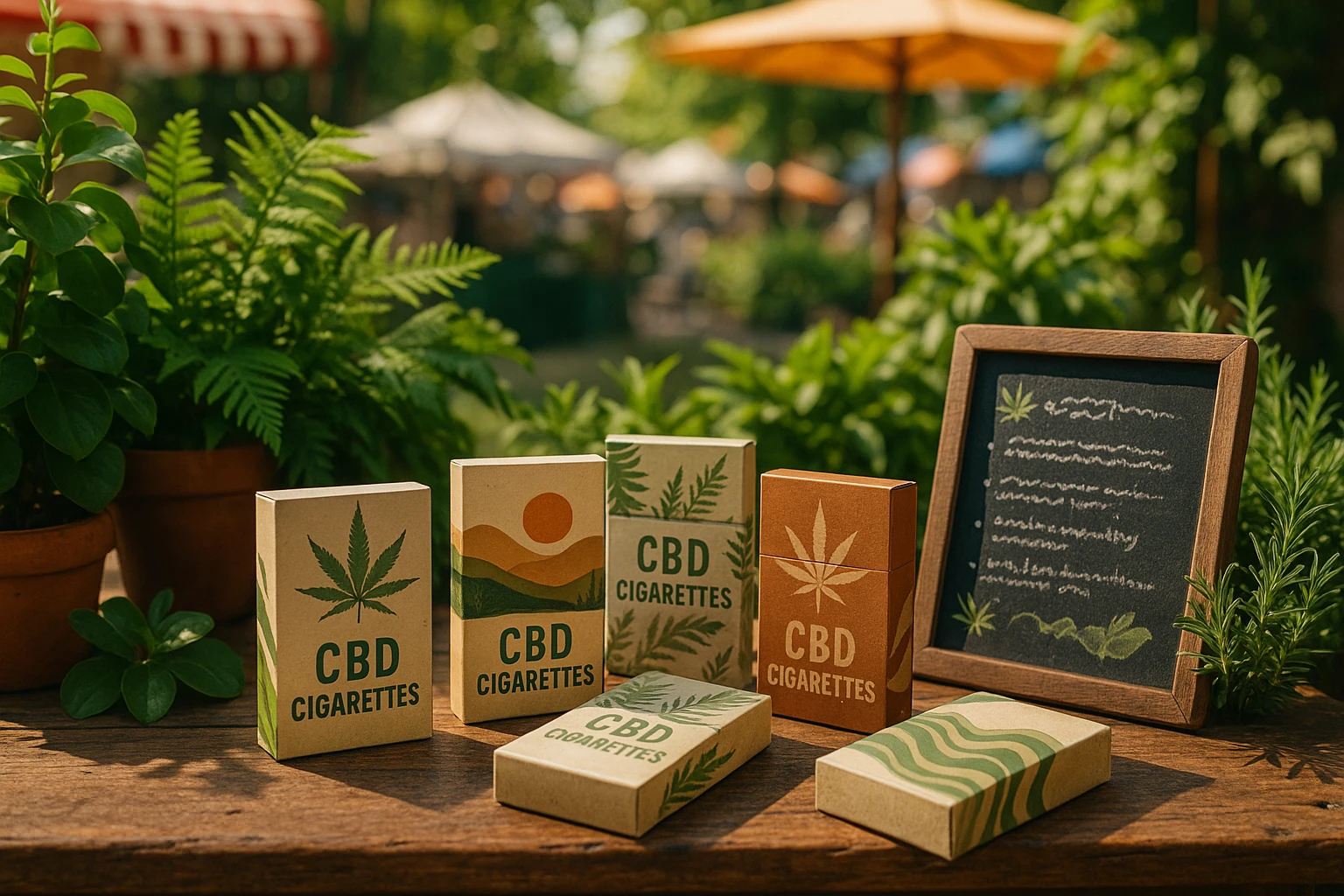 A vibrant outdoor market stall with a rustic wooden table displaying various CBD cigarette packs featuring earthy designs, surrounded by lush green plants and a small chalkboard sign detailing the benefits of organic ingredients.