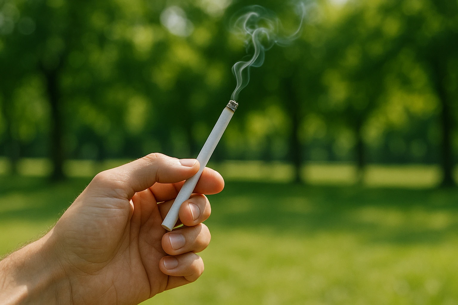 A hand holding a sleek, white CBD cigarette while standing in a sunlit park, with a soft focus on the vibrant green trees in the background and the gentle curl of smoke rising into the air.