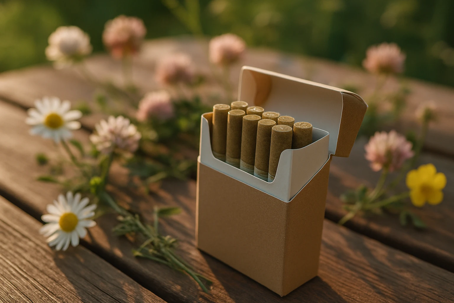 A close-up of an open pack of CBD cigarettes resting on a wooden picnic table surrounded by wildflowers, with the sun casting soft, dappled light across the surface.