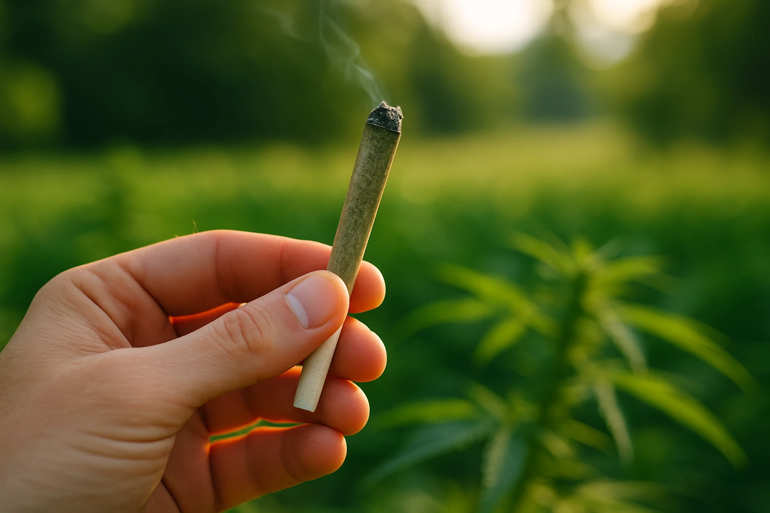 A close-up of a hand holding a hemp-based cigarette against a background of lush green fields, with sunlight filtering through the leaves, highlighting the product's natural origins and connection to relaxation.