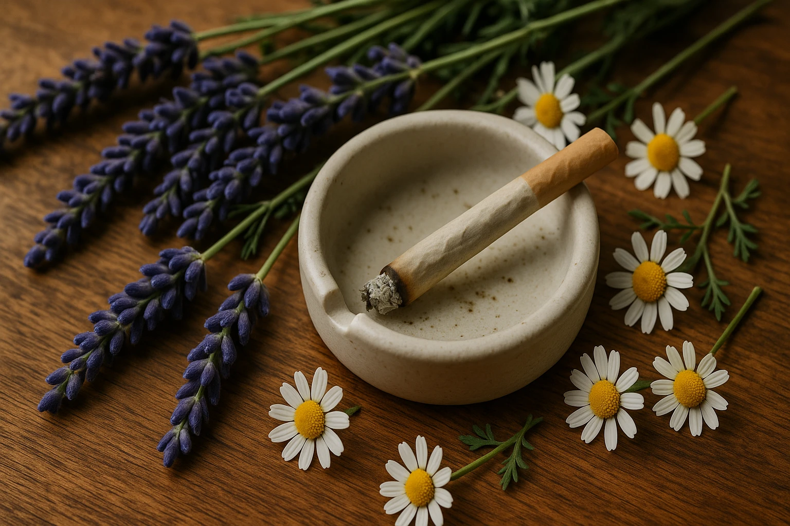 A wooden table with a small ceramic ashtray containing a partially smoked CBD cigarette, surrounded by lavender and chamomile flowers, symbolizing tranquility and the natural ingredients often associated with CBD products.