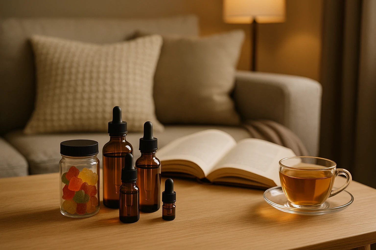 A soothing scene of a cozy living room with a soft-lit ambience, where a small wooden table showcases an array of CBD products like oils and gummies alongside an open book and a cup of herbal tea, suggesting relaxation and stress relief.