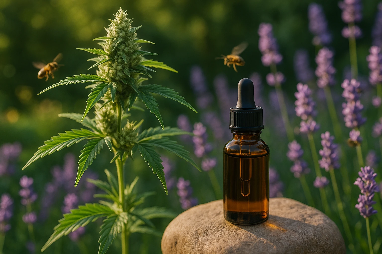 A serene outdoor garden scene with a close-up of a flowering hemp plant in sunlight, accompanied by a dropper bottle of CBD oil resting on a stone, surrounded by blooming lavender and gentle bees, embodying natural stress relief.