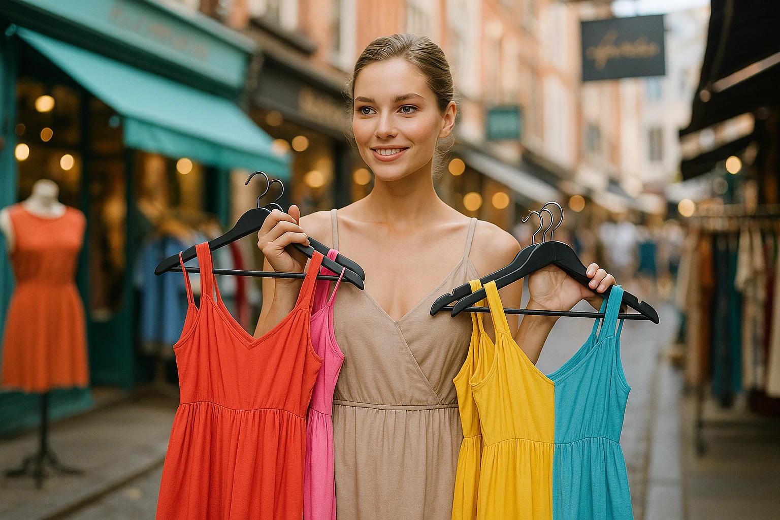 A vibrant outdoor shopping scene with a model holding multiple colorful dresses on hangers, set against a backdrop of a bustling market street featuring various boutique signs and fashion stalls.