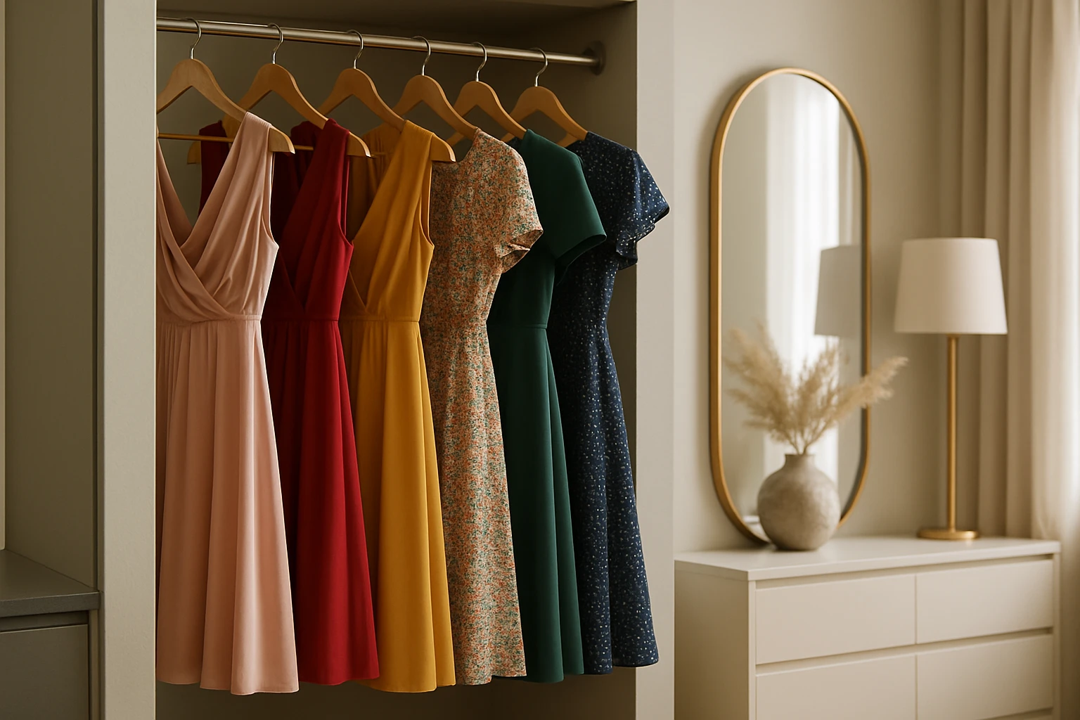 A stylish modern closet showcasing a collection of occasion-specific dresses, neatly hung on wooden hangers, with diverse colors and patterns, set against the backdrop of an elegant, softly-lit room featuring chic decor and a full-length mirror.