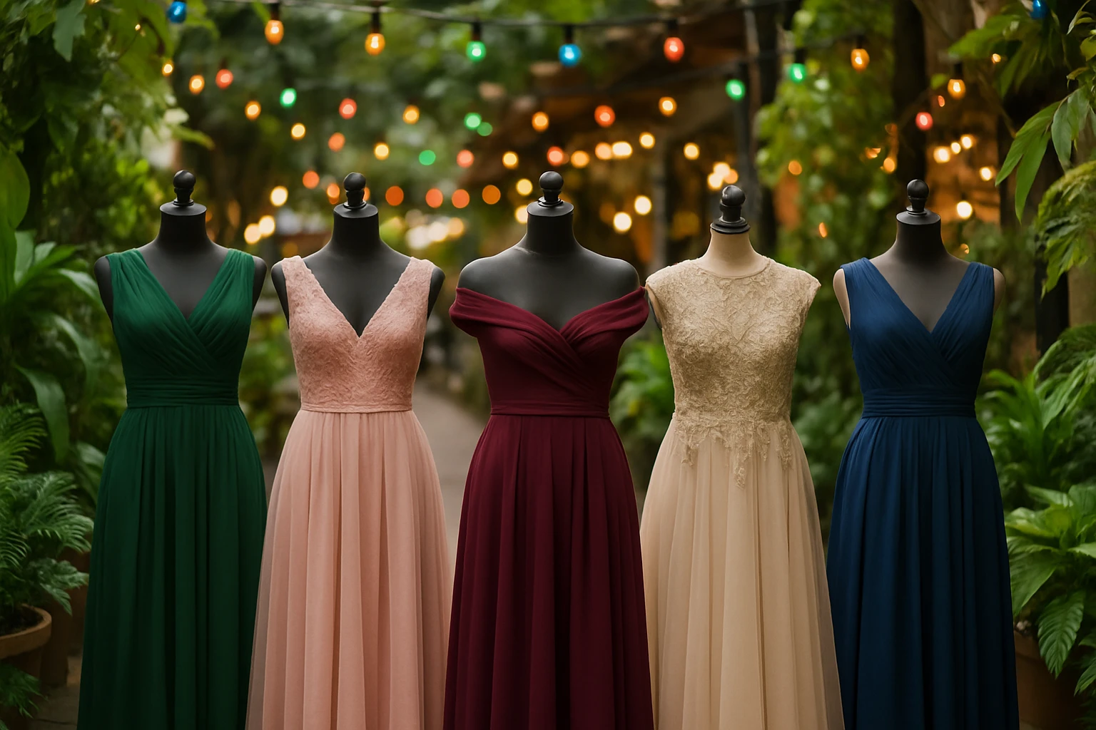 A variety of elegant dresses displayed on mannequins in an open-air market, surrounded by vibrant green plants and colorful string lights hanging above.