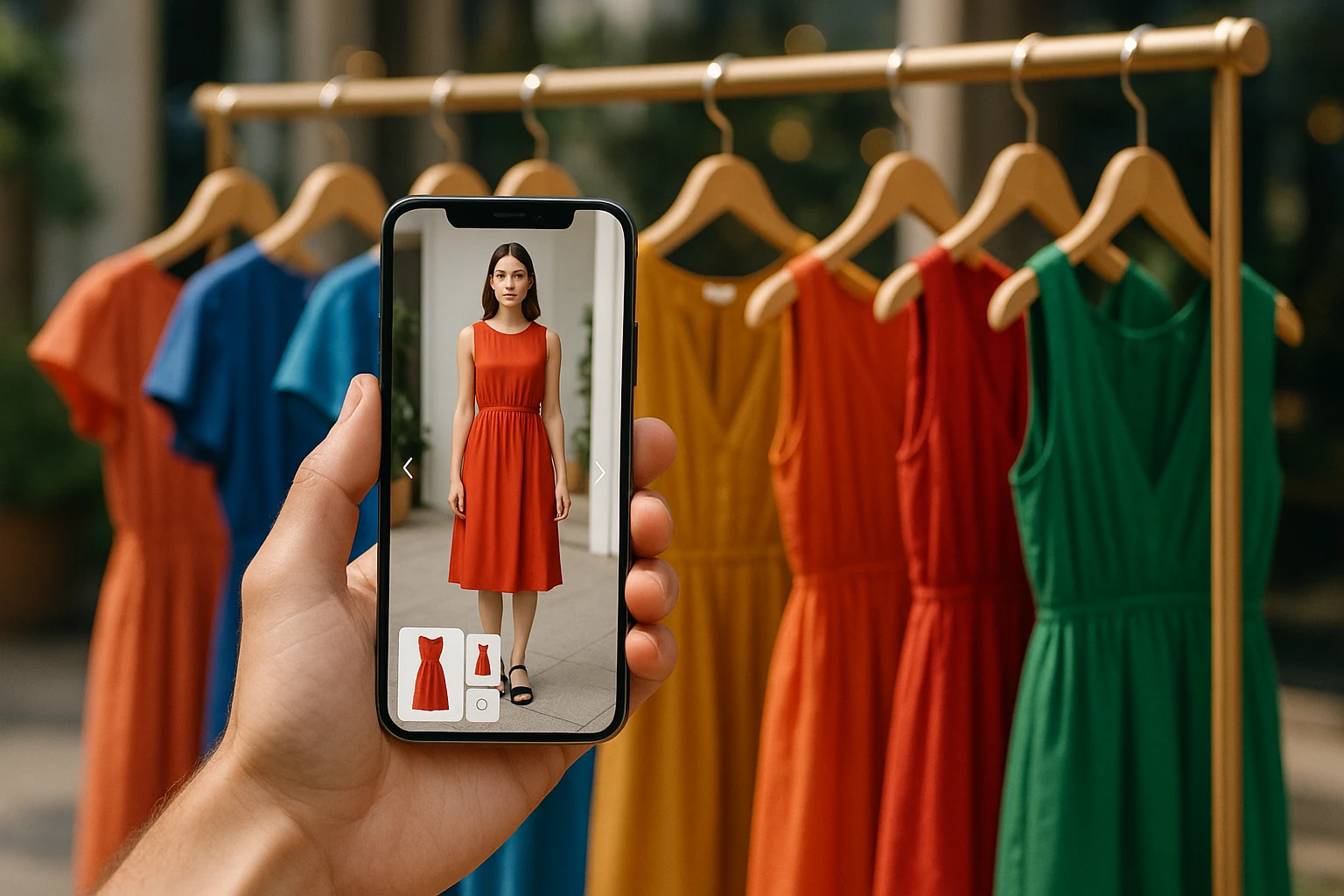A smartphone displaying a fashion app with virtual try-on features is held up against a backdrop of colorful dresses hanging on a stylish boutique rack outdoors.