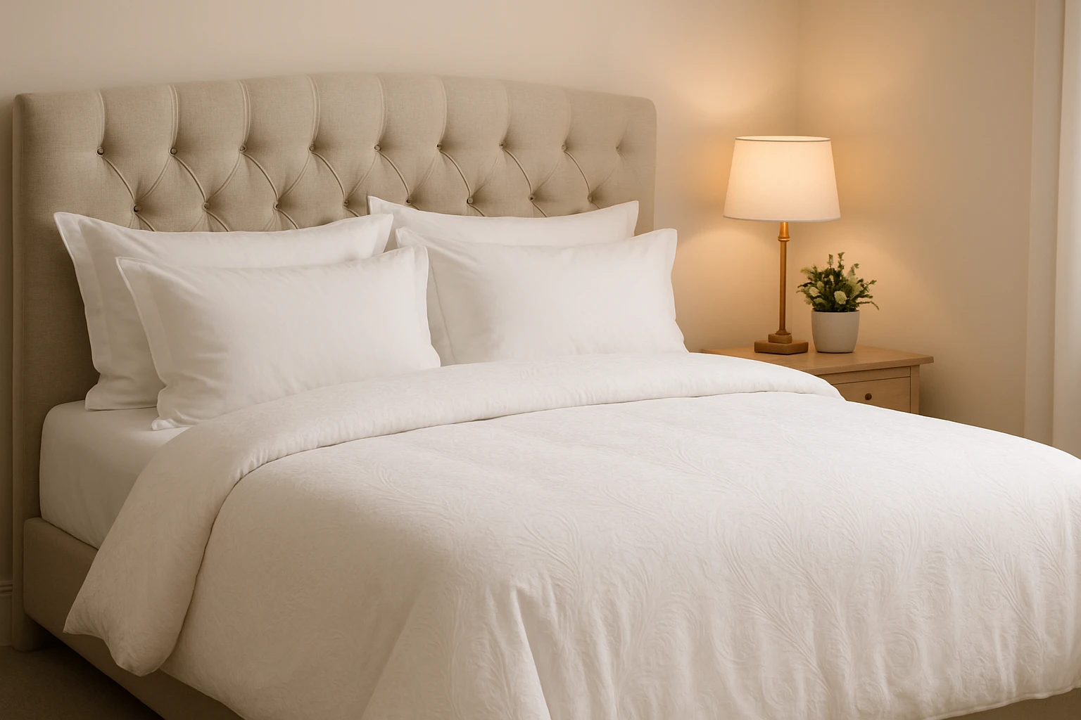 A neatly arranged bedroom with a luxurious white duvet featuring intricate patterns, set against a soft, pastel-colored wall, and a bedside table adorned with a small potted plant and a softly glowing lamp.