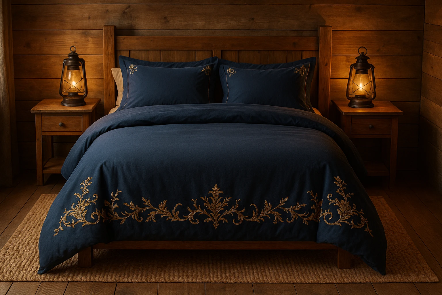 A cozy, rustic bedroom with a rich, navy blue duvet adorned with gold embroidery, paired with matching pillowcases. The bed is flanked by warm wooden nightstands holding vintage lanterns, and a large, woven rug underfoot adds texture to the hardwood floor.