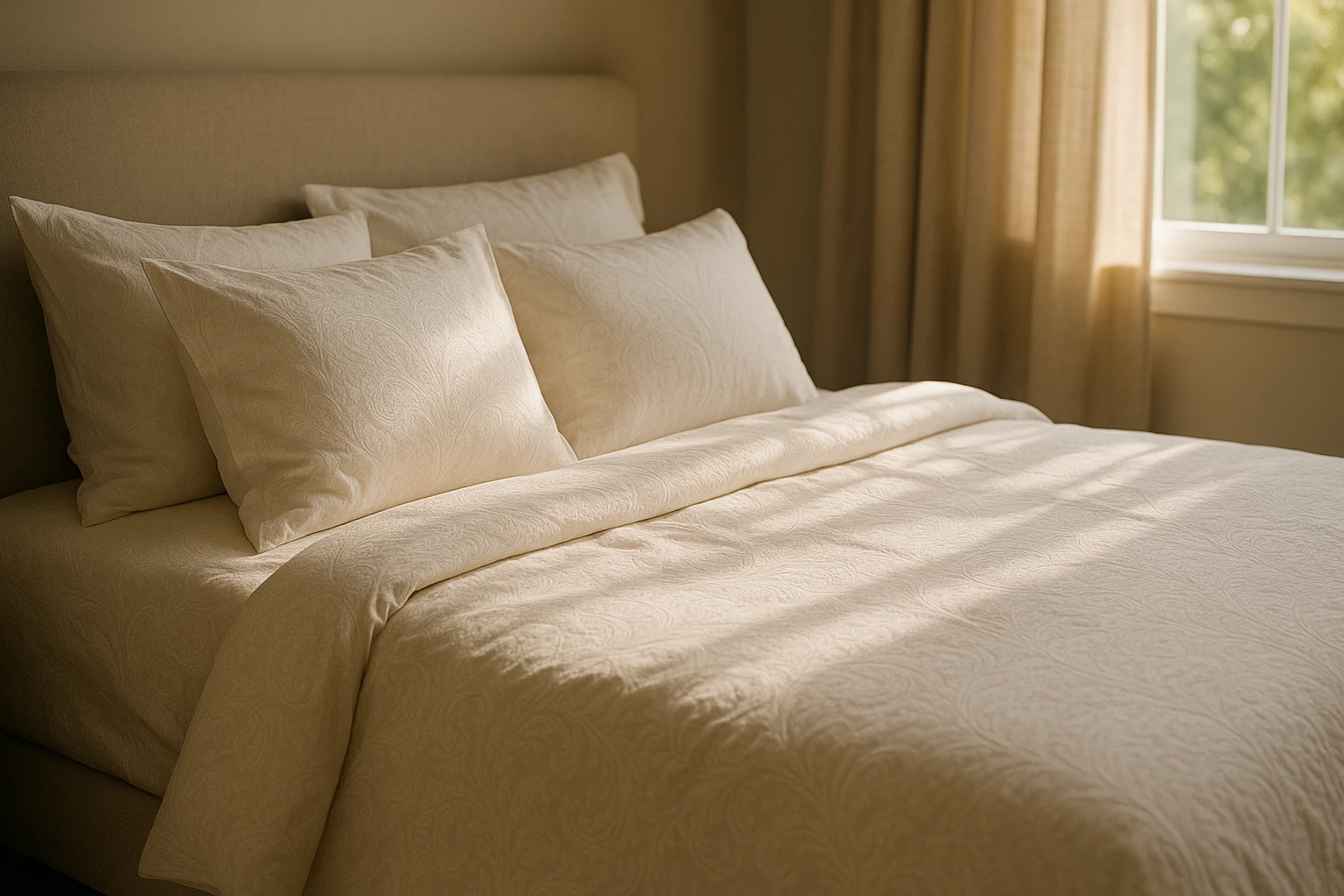 A Megfelelő ágynemű Kiválasztása, Hogy Jól Aludj 2 A neatly made bed with luxurious, soft cotton bedding in a serene bedroom, the sunlight streaming through a window, illuminating the intricate patterns and inviting texture of the fabric.