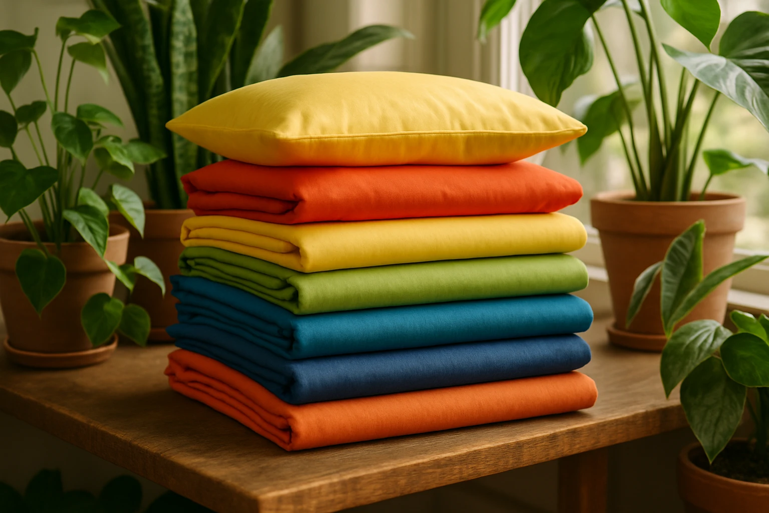A Megfelelő ágynemű Kiválasztása, Hogy Jól Aludj 3 A stack of vibrant cotton pillowcases and sheets neatly folded on a rustic wooden shelf, surrounded by potted plants, creating a fresh and natural ambiance in a sunlit room.