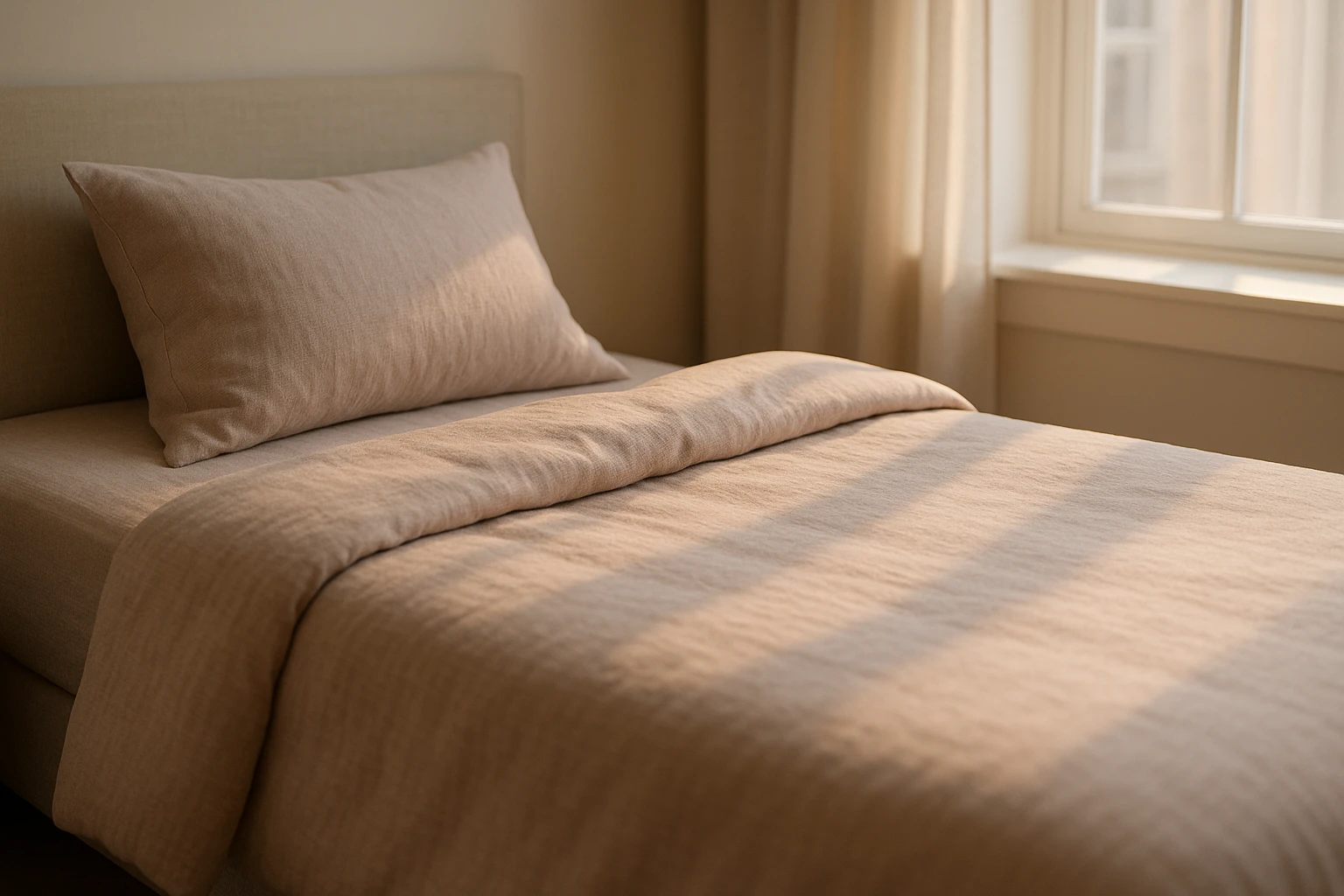 A neatly arranged bed with a stylish three-piece bedding set featuring a soft-textured duvet cover, a matching pillowcase, and a fitted sheet in a serene, pastel color palette, all highlighted by gentle morning sunlight filtering through an elegant bedroom window.