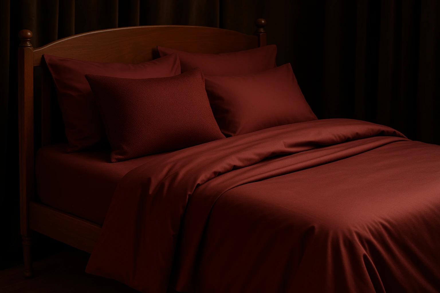A cozy bedroom scene showcasing a three-piece bedding set with a luxurious Egyptian cotton duvet, a textured pillowcase, and a smooth flat sheet in rich burgundy tones, elegantly draped over a classic wooden bed frame with a backdrop of dark, plush curtains.
