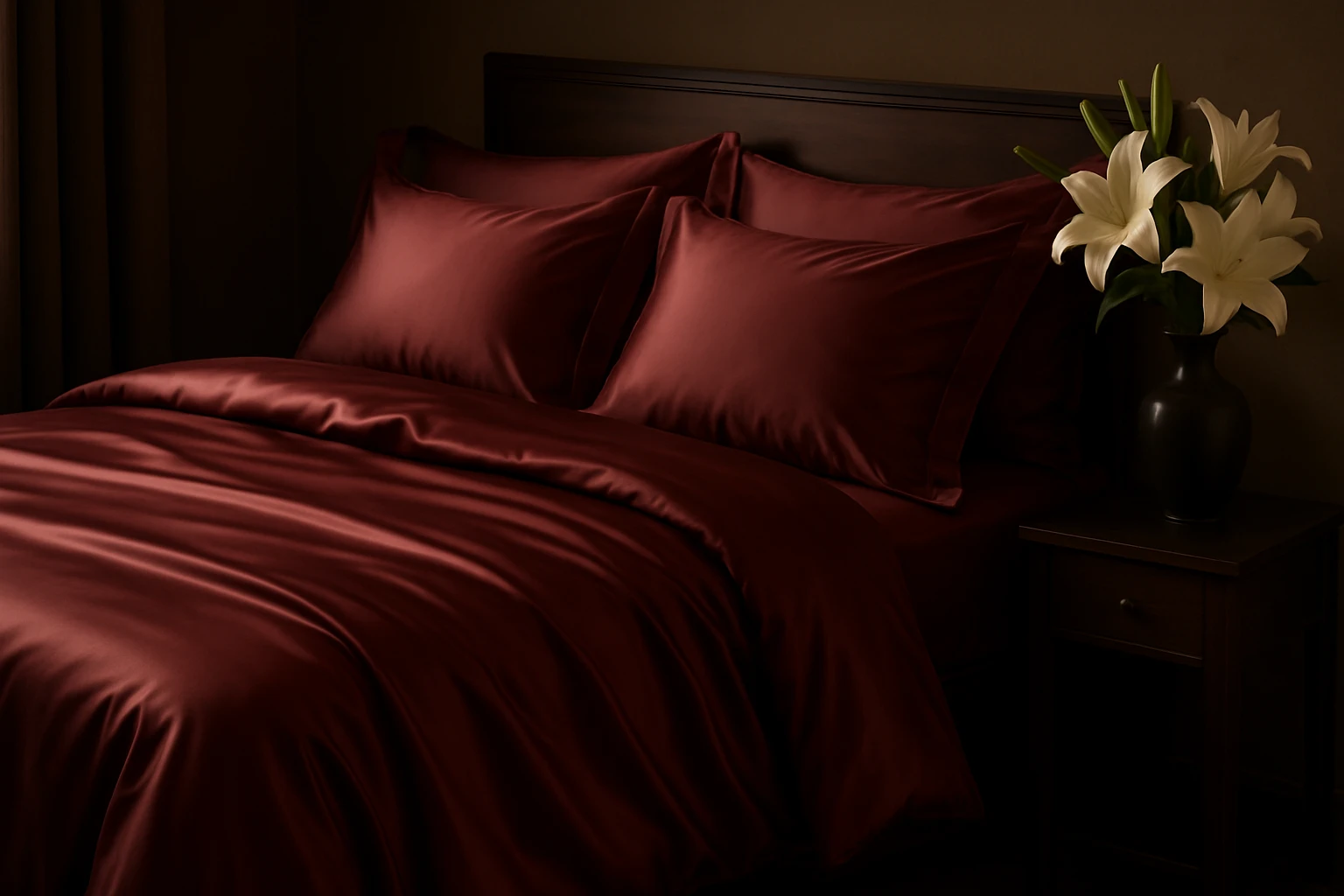 A Selyem Ágynemű Végső Útmutatója: Kényelem A Hálószobában 2 A neatly arranged bed with silk-like satin bedding in a rich burgundy hue, set in a luxurious bedroom with dim, ambient lighting and a vase of fresh white lilies on the bedside table.