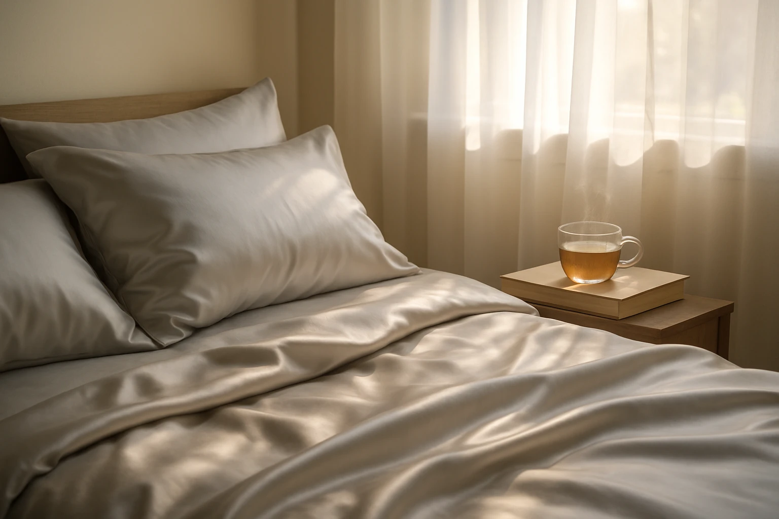 A Selyem Ágynemű Végső Útmutatója: Kényelem A Hálószobában 3 A serene bedroom featuring satin bedding in a soft pearl gray, illuminated by morning sunlight streaming through sheer white curtains, with a hardcover book and a steaming cup of herbal tea placed on the side table.