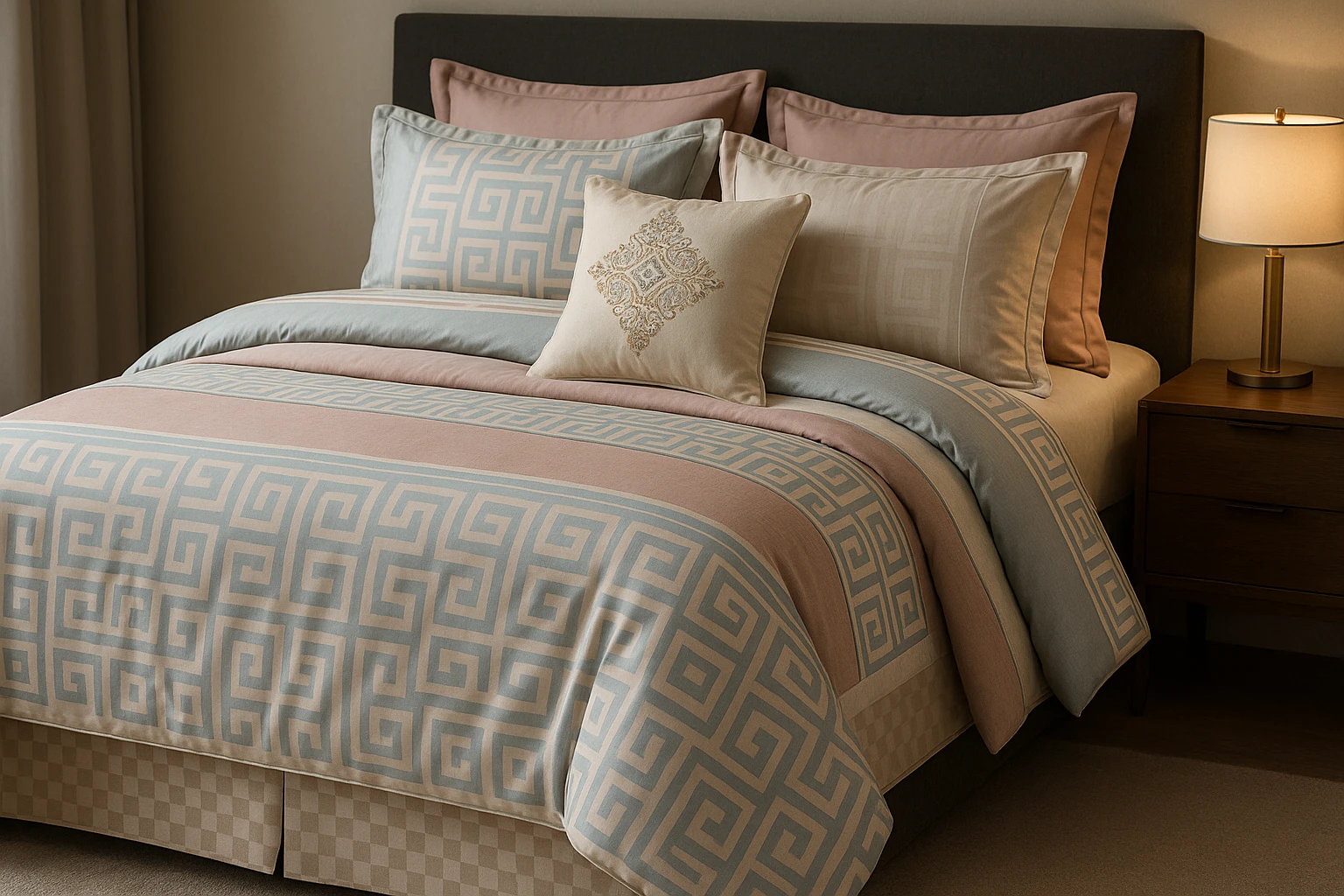 A luxurious 7-piece bedding set laid out on a king-sized bed, featuring a mix of soft pastel and bold geometric patterns, with an accent pillow displaying intricate embroidery, set in a modern bedroom with a wooden nightstand and a soft glow from a nearby table lamp.