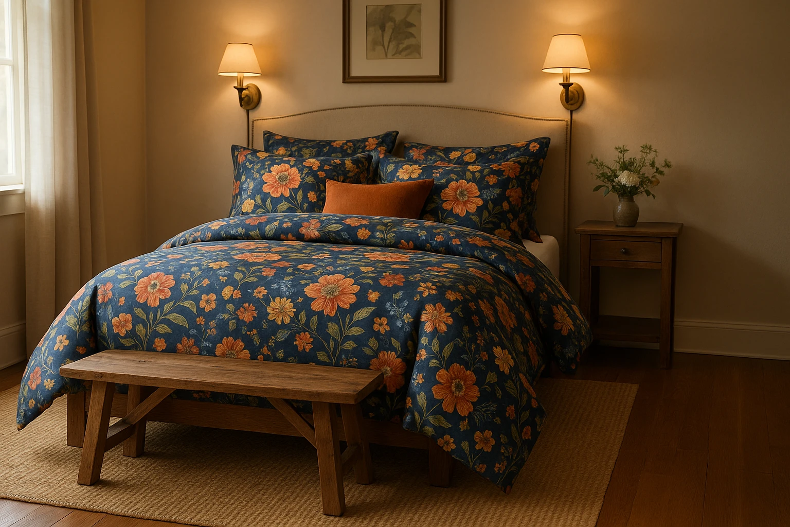 A cozy bedroom featuring a 7-piece bedding set with a vibrant floral pattern, elegantly displayed on a queen-sized bed. The room includes soft ambient lighting from wall sconces, and a rustic wooden bench at the foot of the bed, accentuated by a large woven rug on a polished wooden floor.