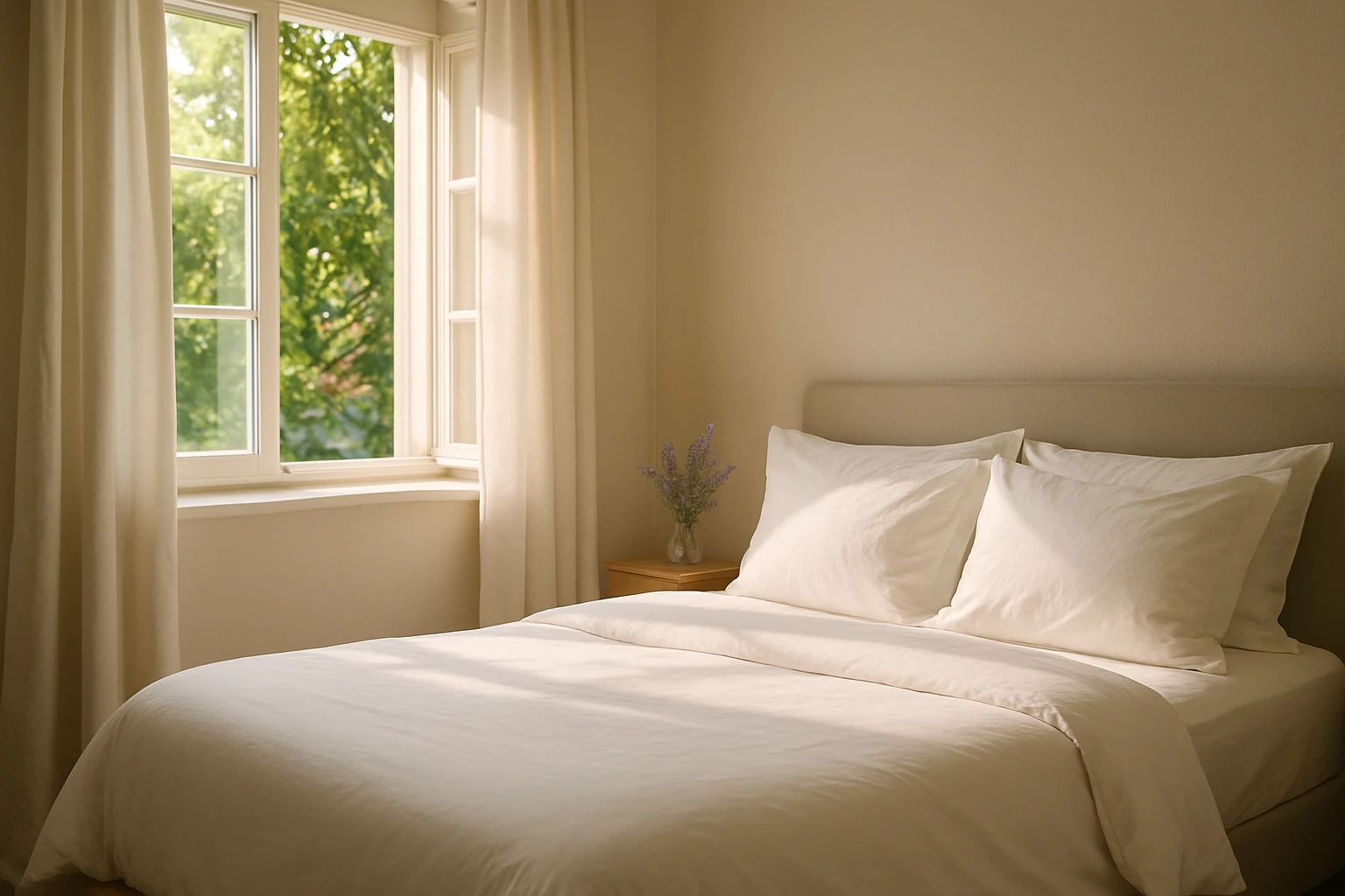 A serene bedroom with sunlight streaming through an open window, illuminating a neatly made bed adorned with fresh, crisp white bedding that looks soft and inviting, complemented by a small vase of lavender on the bedside table.