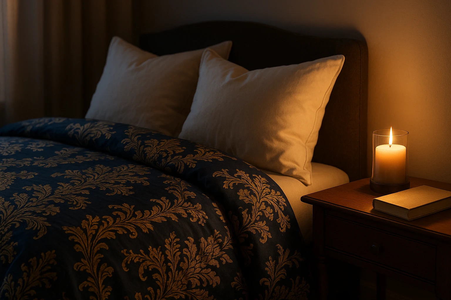A cozy bedroom setting at dusk with soft lighting highlighting a luxurious ágyneműhuzat in a deep navy color with intricate gold patterns, paired with fluffy cream-colored pillows, beside a nightstand featuring a gently flickering candle and a classic hardcover book.