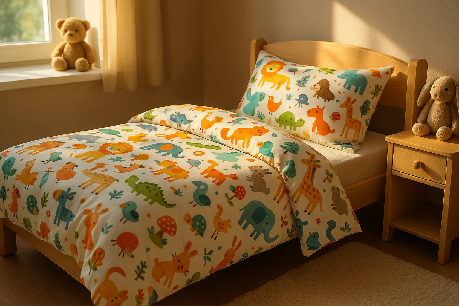 A cozy children's bedroom adorned with vibrant gyermek ágynemű: a set featuring playful animal prints, softened by the warmth of natural sunlight streaming through a window, illuminating a plush, inviting toddler-sized bed.