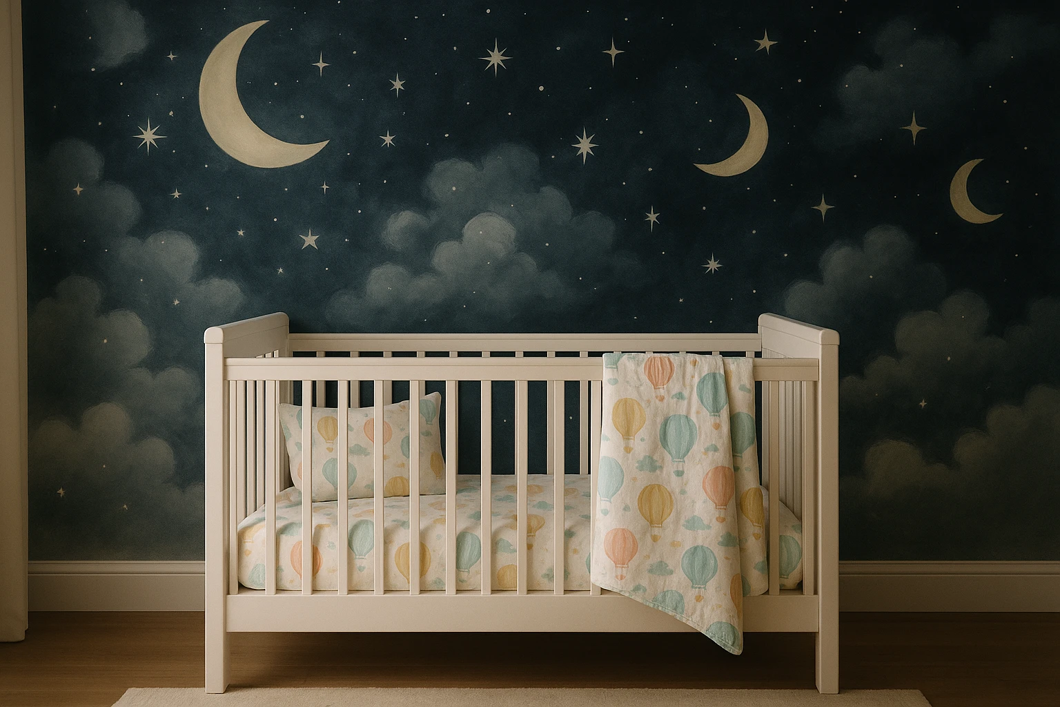 A child's nursery featuring a whimsical wall mural of a night sky with stars and moons, complemented by a crib set with soft, pastel-colored gyermek ágynemű depicting hot air balloons, adding a dreamy touch to the room’s serene atmosphere.