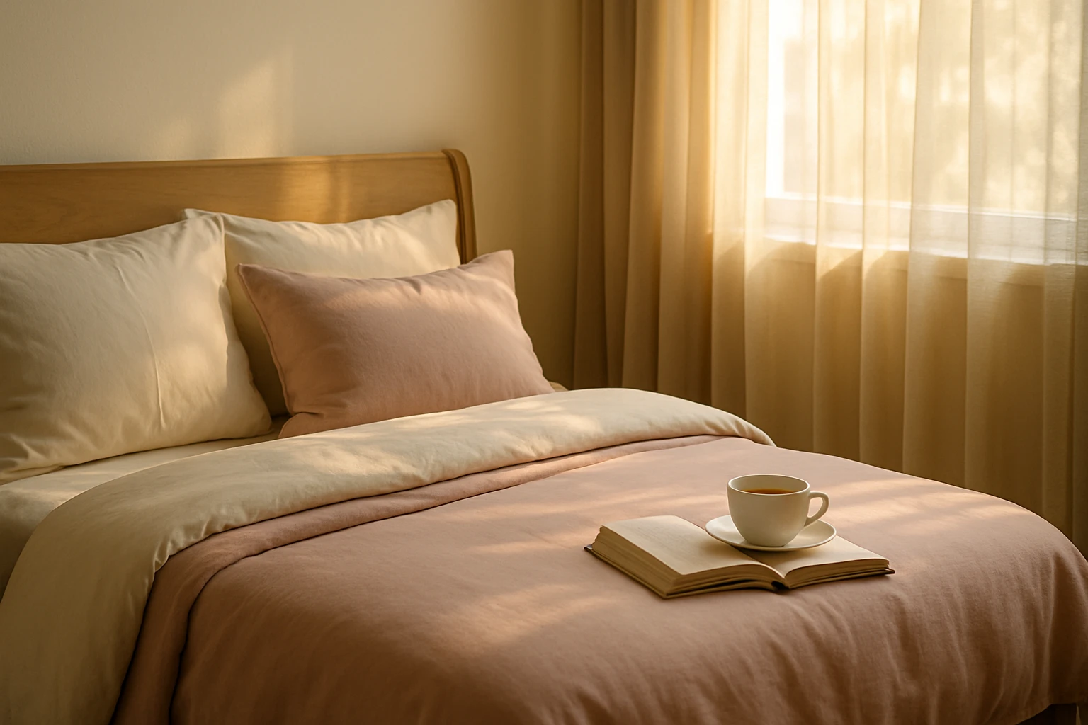 A cozy bedroom scene with a neatly made bed featuring soft, luxurious-looking bedding in pastel colors, a book and a cup of tea on a bedside table, and warm morning light streaming through a sheer curtain.