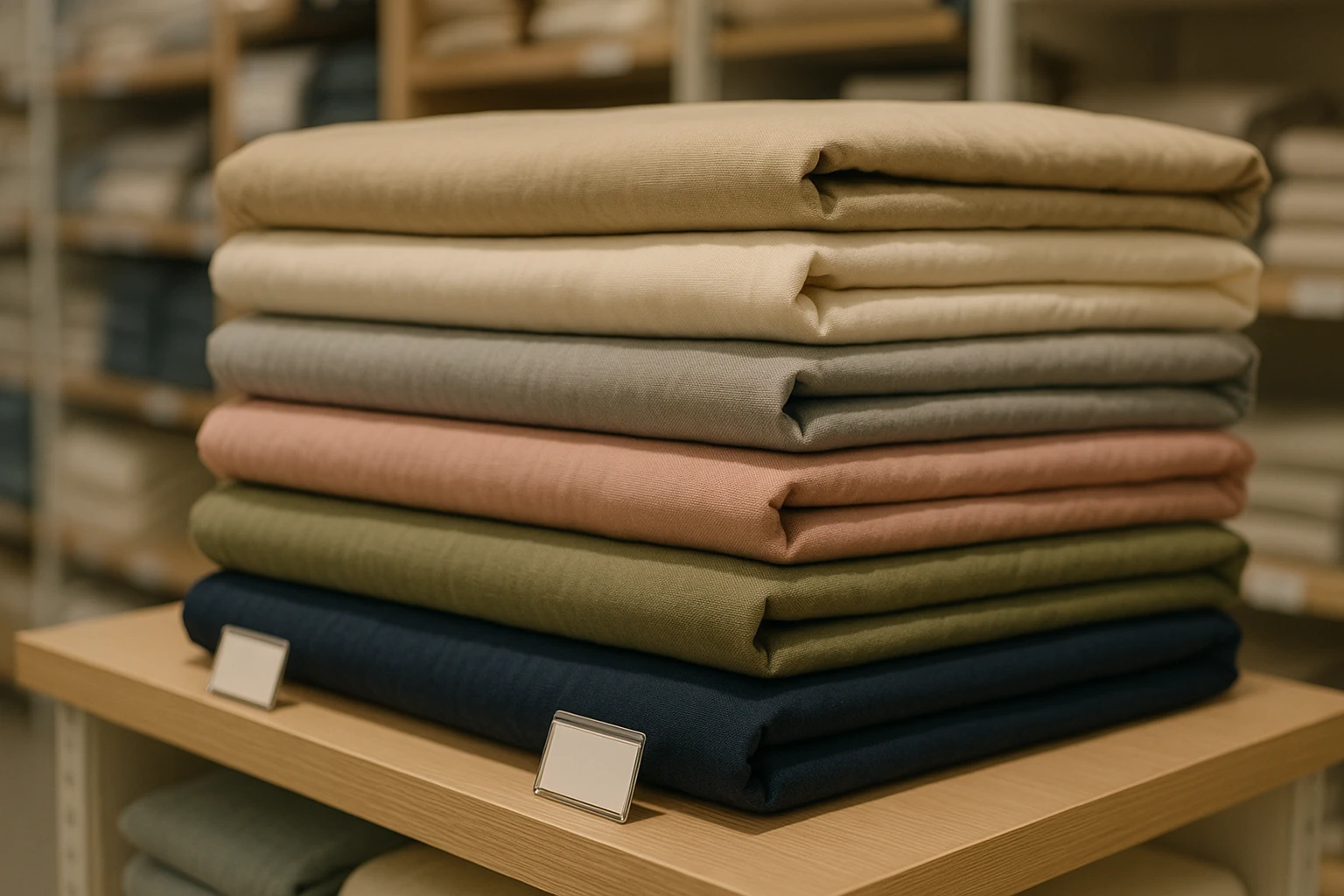 A close-up of a neatly folded stack of various colored, budget-friendly bed linens displayed on a retail store shelf, with visible price tags indicating affordability.