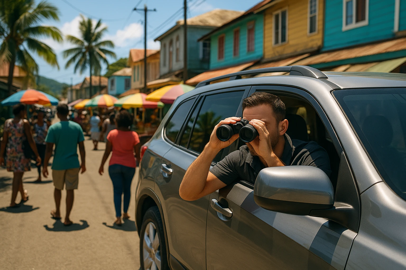 A sun-drenched street in Saint Lucia with a discreet surveillance vehicle parked near a bustling marketplace, as a private investigator subtly observes through binoculars; people casually pass by, unaware of the covert operation.