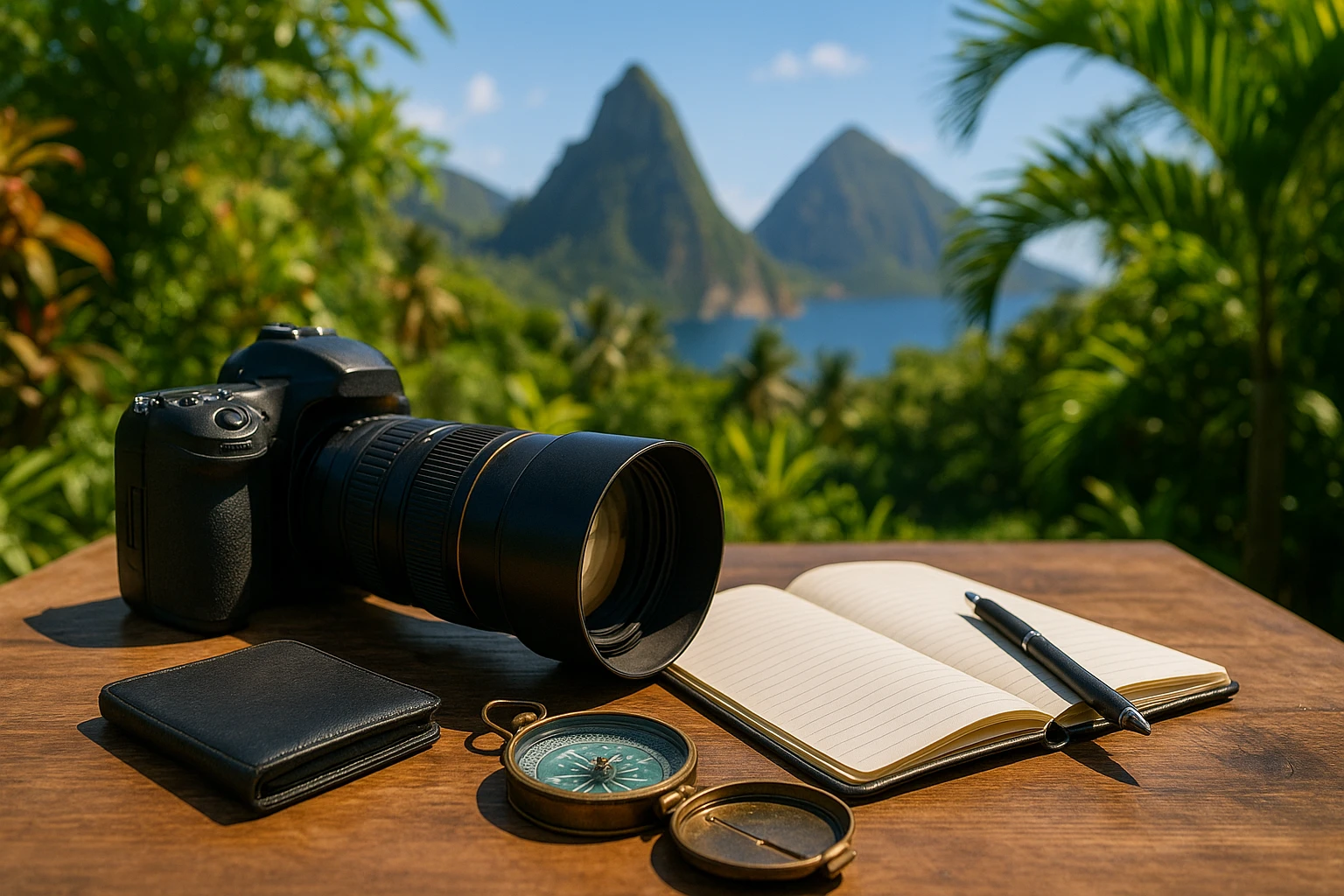 A private investigator’s toolkit spread out on a wooden table in a tropical garden, with items like a camera with a telephoto lens, a notebook, and a compass; lush greenery of Saint Lucia in the background under clear blue skies.